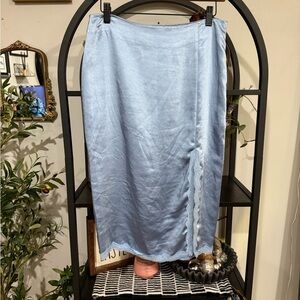 Lush Blue Pencil Midi Skirt with slit and lace detail size medium
